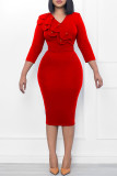 赤 カジュアル ソリッド パッチワーク フラウンス O ネック ワンステップ スカート ドレス