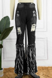 Черные уличные однотонные рваные джинсы с высокой талией и высокой талией в стиле пэчворк