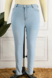 Mellanblå Casual Solid Patchwork Plus Size Jeans