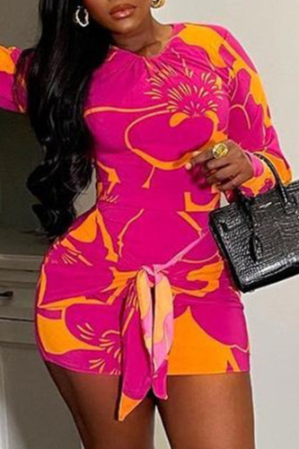 Rose Red Sexy Print Bandage Patchwork O Neck Pencil Skirt Dresses