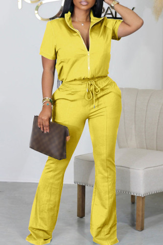 Yellow Casual Solid Patchwork Basic Zipper Collar Short Sleeve Two Pieces