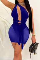 Blauwe sexy effen bandage doorzichtige jurken met een schouderkokerrok