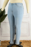 Ljusblå Casual Solid Patchwork jeans i plusstorlek