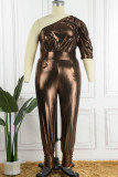 Guld Mode Casual Solid Backless Oblique Collar Plus Size Jumpsuits
