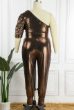 ゴールドファッションカジュアルソリッドバックレス斜め襟プラスサイズジャンプスーツ