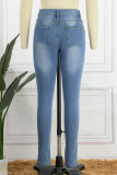 Lichtblauwe modieuze casual effen patchwork skinny jeans met hoge taille