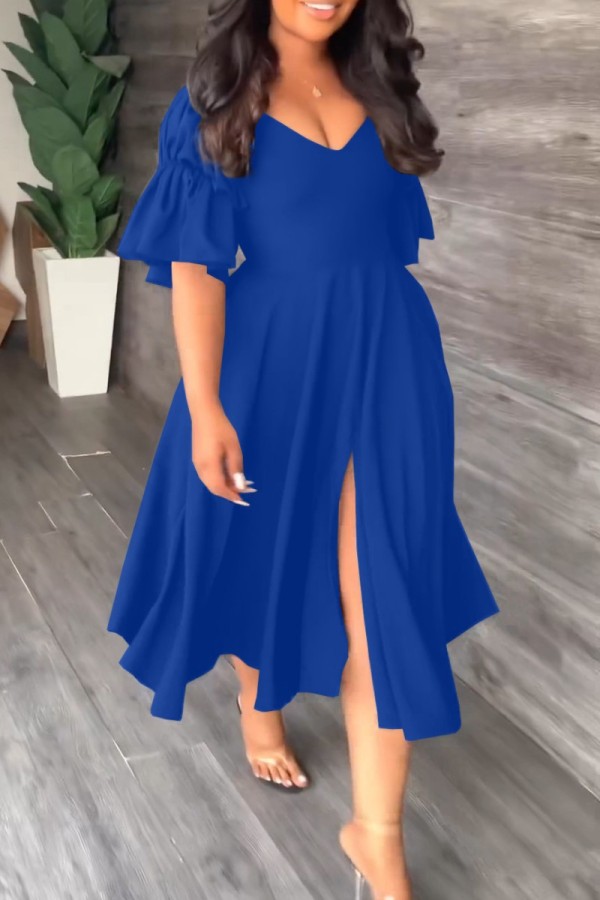 Vestido azul casual liso liso sem costas com decote em V e saia única