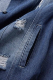 Marineblaue, lässige, solide, zerrissene Patchwork-Schnalle mit Umlegekragen und langen Ärmeln, gerade Jeansjacke
