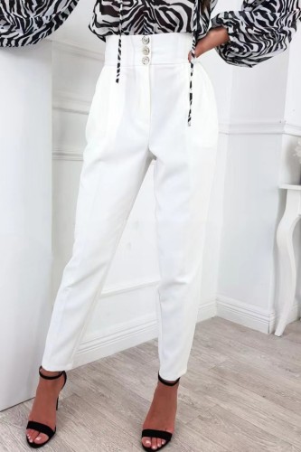 White Casual Solid Buttons Regular High Waist Conventional Solid Color Trousers