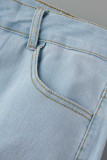 Medium Blue Casual Solid Patchwork Plus Size Jeans