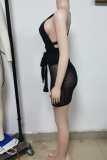 Black Sexy Solid Bandage See-through One Shoulder Pencil Skirt Dresses