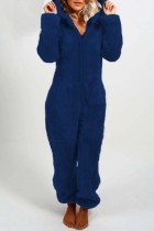 ネイビー ブルー カジュアル リビング ソリッド パッチワーク フード付き カラー レギュラー ジャンプスーツ