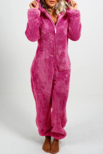 Rose Red Casual Living Solid Patchwork Hooded Collar Regular Jumpsuits