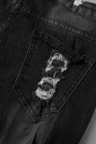 Black Street Solid Tassel Ripped Make Old Patchwork High Waist Denim Jeans