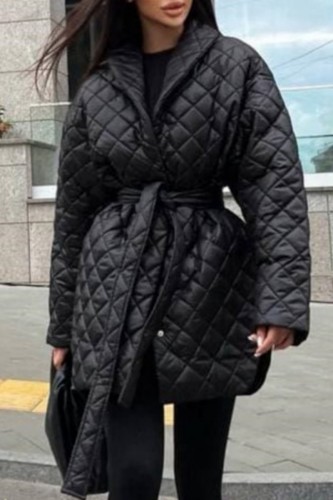 Black Casual Solid With Belt Turndown Collar Outerwear