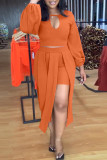 Orange Casual Solid Hollowed Out Patchwork Asymmetrical O Neck Long Sleeve Two Pieces