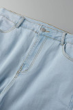 Mellanblå Casual Solid Patchwork Plus Size Jeans