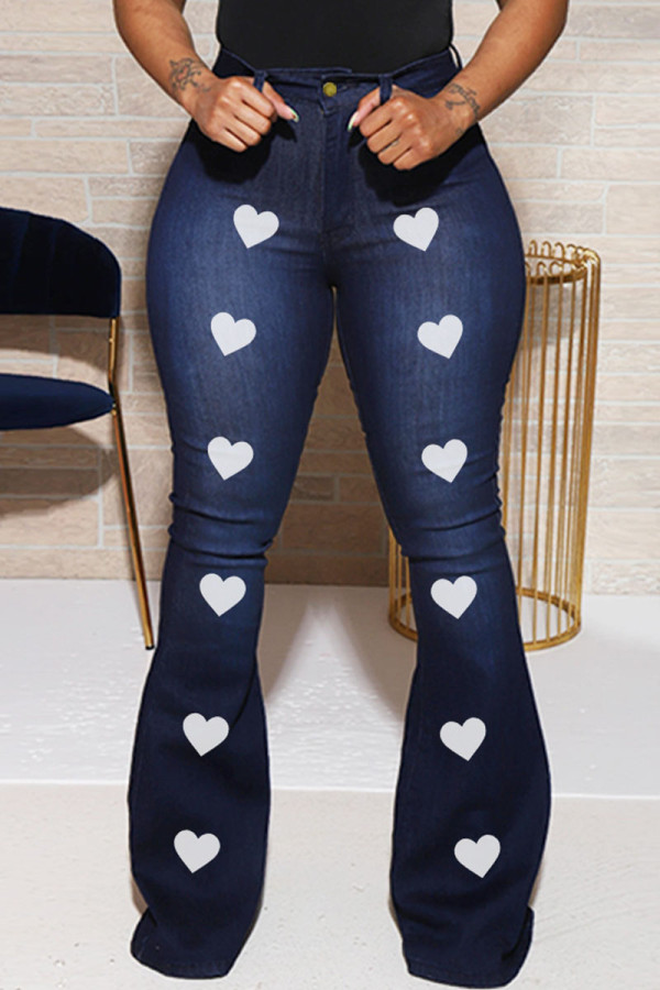 Jeans taglie forti patchwork con stampa casual blu scuro