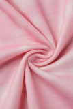 Roze casual print gescheurde uitgeholde patchwork O-hals lange mouw tweedelig