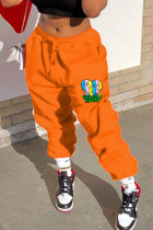 Stampa casual arancione Disegnare la tasca con cordino Pantaloni dritti con stampa di posizionamento dritta