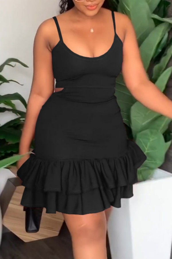 Negro sexy casual sólido correa de espagueti envuelto falda vestidos