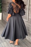 ブラック カジュアル ソリッド バックレス スリット Vネック ワンステップ スカート ドレス