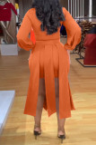 Orange Casual Solid Hollowed Out Patchwork Asymmetrical O Neck Long Sleeve Two Pieces