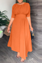 Oranje casual print patchwork gevouwen O-hals rechte jurken