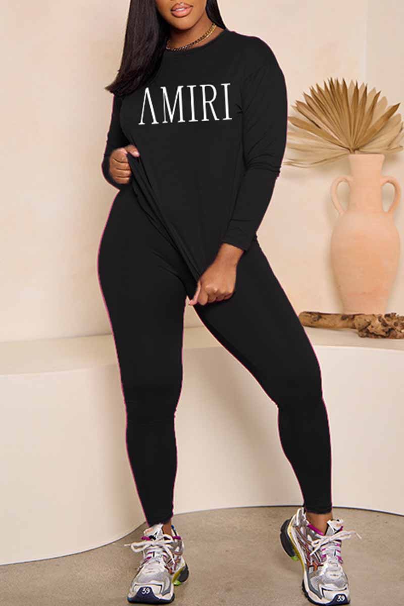 

Black Casual Print Letter O Neck Long Sleeve Two Pieces
