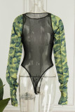 Camouflage Sexy Casual Camouflage Print Patchwork See-through O Neck Pagliaccetto skinny