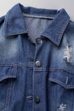 Темно-синяя повседневная однотонная рваная лоскутная пряжка с отложным воротником и длинным рукавом, прямая джинсовая куртка