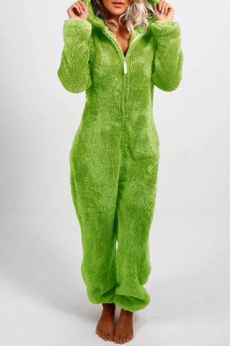 Green Casual Living Solid Patchwork Hooded Collar Regular Jumpsuits
