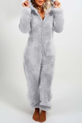 Grey Casual Living Solid Patchwork Hooded Collar Regular Jumpsuits