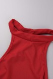 Красный модный сексуальный сплошной бинт без спинки с разрезом и круглым вырезом, обычные комбинезоны