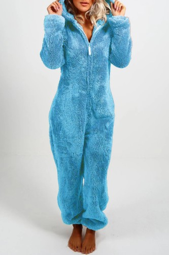 Sky Blue Casual Living Solid Patchwork Hooded Collar Regular Jumpsuits