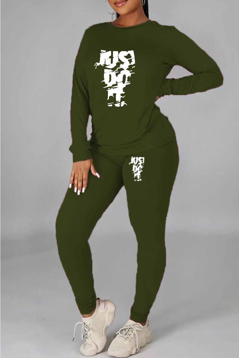 

Army Green Casual Print Letter O Neck Long Sleeve Two Pieces