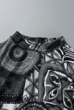 Schwarze Mode Casual Print Patchwork O Neck Straight Plus Size Kleider