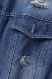 Marinblå Casual Solid Ripped Patchwork Spänne Turndown-krage Långärmad rak jeansjacka