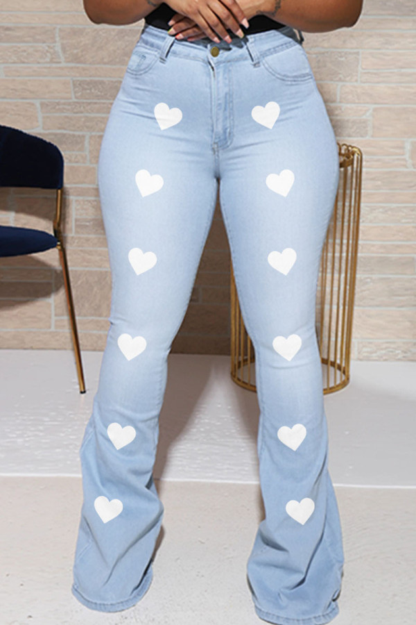 Babyblå Casual Print Patchwork Plus Size Jeans