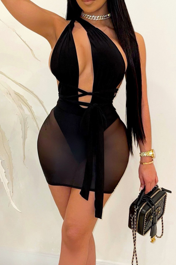 Zwarte sexy effen bandage doorzichtige jurken met een schouderkokerrok