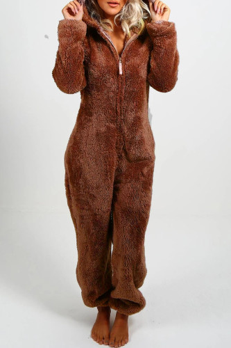 Coffee Casual Living Solid Patchwork Hooded Collar Regular Jumpsuits