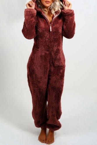 Burgundy Casual Living Solid Patchwork Hooded Collar Regular Jumpsuits