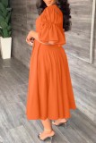 Vestidos de falda de un paso con cuello en V y abertura sin espalda sólida casual naranja