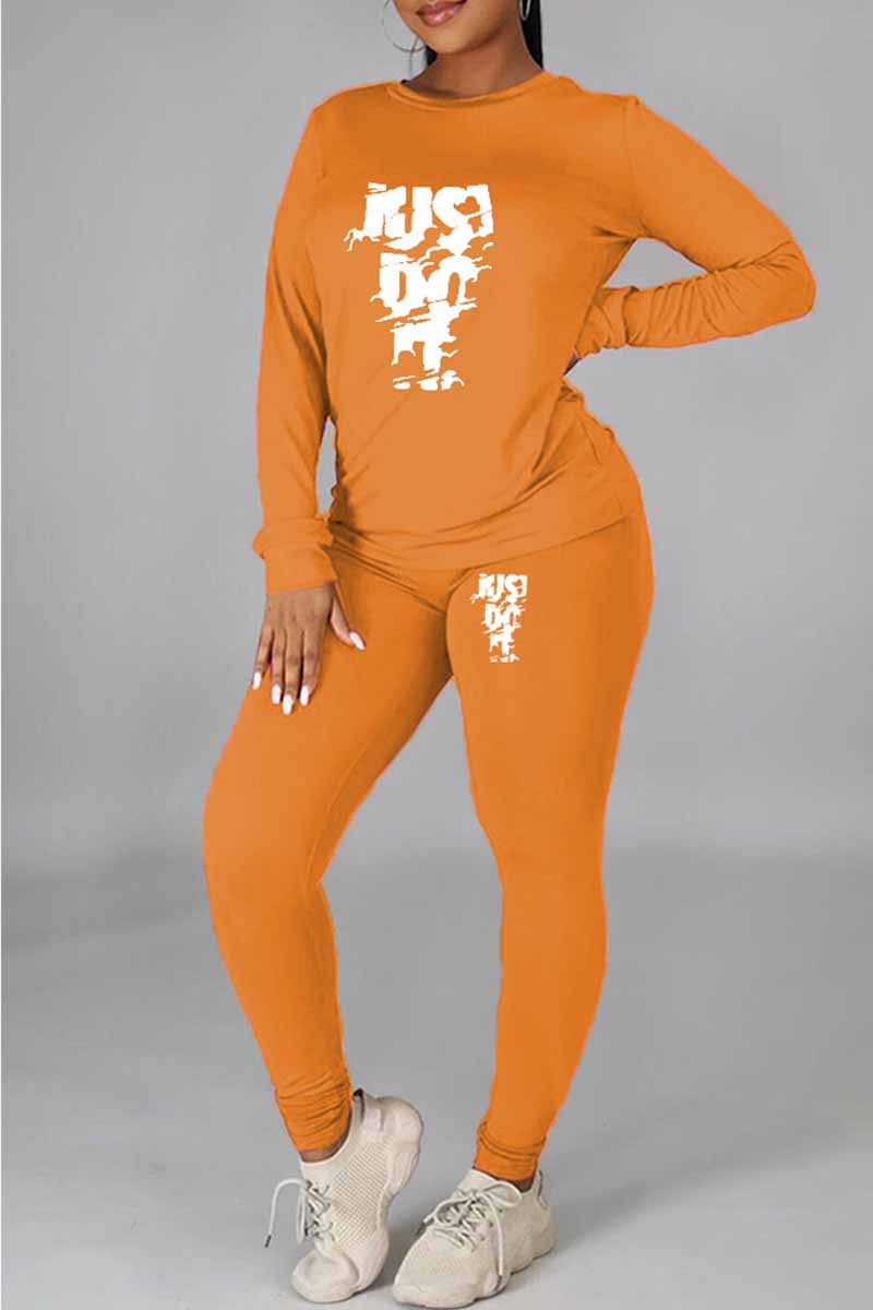 

Orange Casual Print Letter O Neck Long Sleeve Two Pieces