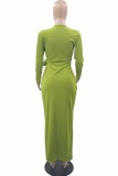 Green Elegant Print Bandage Letter V Neck One Step Skirt Dresses