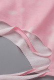 Stampa casual rosa strappata patchwork scavata o collo manica lunga due pezzi