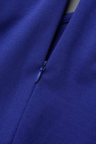 Vestidos de babados de retalhos azuis casuais com cinto o pescoço uma linha