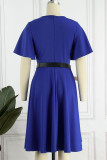 Blue Casual Solid Patchwork Flounce With Belt O Neck A Line Dresses