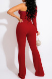 Red Sexy Casual Solid Patchwork Backless Hot Drill Oblique Collar Skinny Jumpsuits