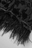 Zwarte sexy effen patchwork veren backless off-shoulder jurken met lange mouwen